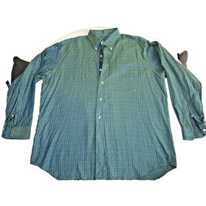 Bobby Jones Golf Shirt Button Up XL 17-17.5, Teal Green w/Pink Accents Italy